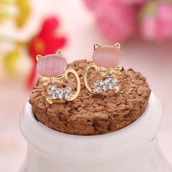Gold Plated Pink Opal Diamond Crystal Cat Stud Earrings 1.41ctw Party Gift - Picture 1 of 5